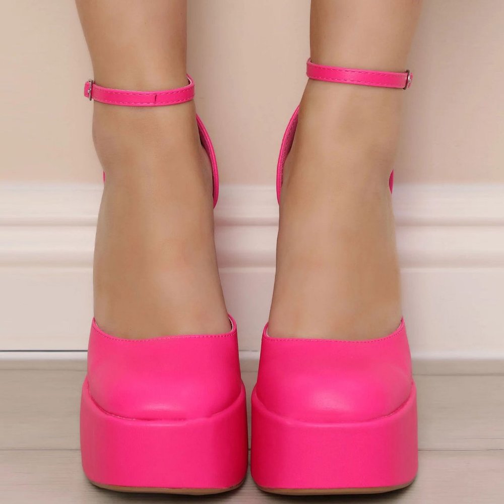 NEW🔥 Hot Pink Mary-Jane Ankle Strap Chunky Block High Heel Platform Pump Sandal - Picture 3 of 4